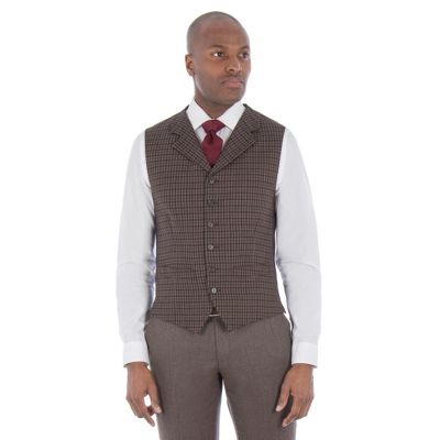 Navy brown gingham wool blend tailored fit lapel waistcoat